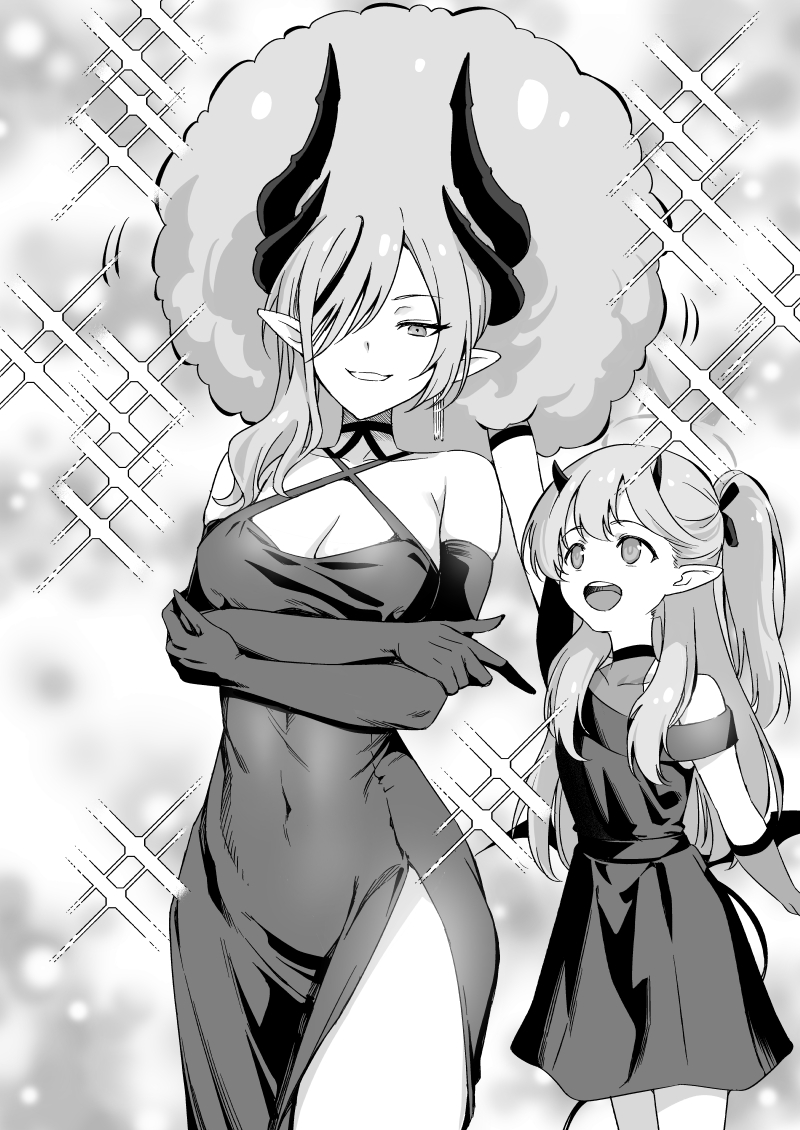 2girls afro alternate_hairstyle blue_archive blush breasts cleavage crossed_arms demon_horns demon_tail demon_wings elbow_gloves gloves greyscale hair_over_one_eye hand_in_another's_hair horns ibuki_(blue_archive) ibuki_(dress)_(blue_archive) inu_(aerodog) looking_at_another looking_at_viewer makoto_(blue_archive) makoto_(dress)_(blue_archive) medium_breasts monochrome multiple_girls official_alternate_costume one_eye_covered one_side_up pointy_ears smile tail wings