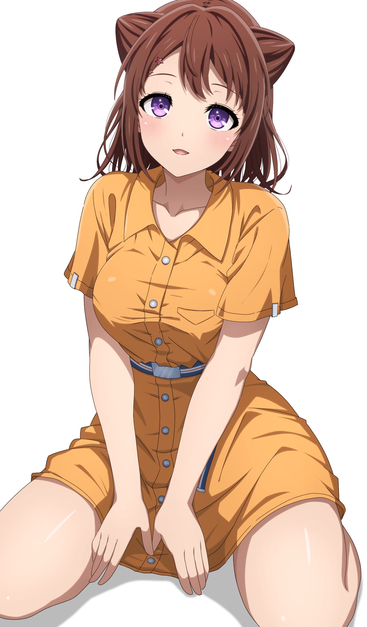 1girl absurdres bang_dream! belt belt_buckle blue_belt blush breast_pocket breasts brown_hair buckle buttons collarbone collared_dress commentary cone_hair_bun double_bun dress hair_bun hair_ornament highres knees_out_of_frame looking_at_viewer medium_breasts medium_hair noshimurin orange_dress parted_lips pocket purple_eyes simple_background sitting smile solo star_(symbol) star_hair_ornament striped_belt toyama_kasumi v_arms wariza white_background