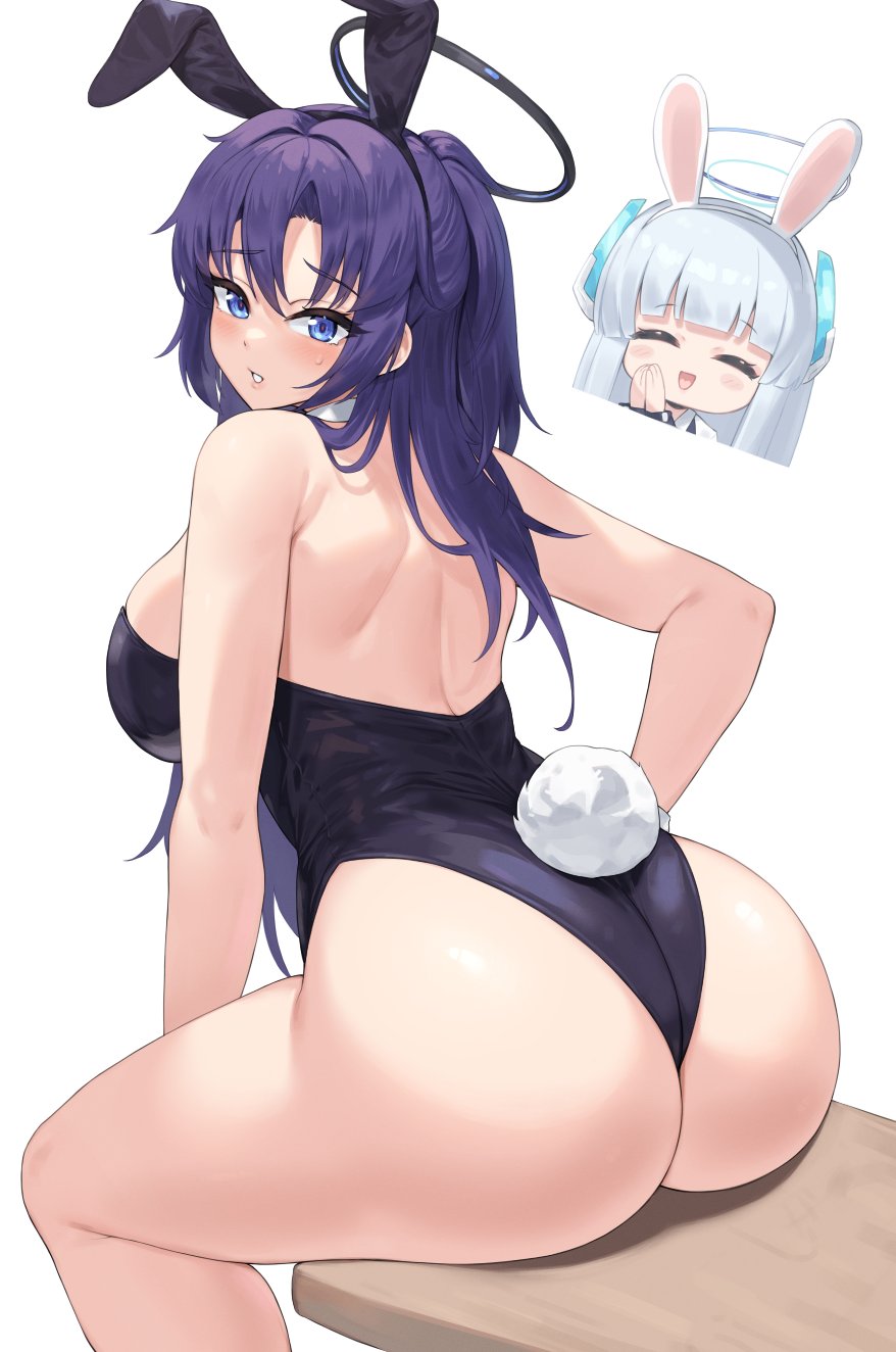 2girls animal_ears ass ass_focus blue_archive blush breasts detached_collar from_behind halo highres huge_ass kuavera large_breasts leotard long_hair looking_at_viewer mechanical_halo multiple_girls noa_(blue_archive) parted_bangs parted_lips playboy_bunny ponytail rabbit_ears sitting solo strapless strapless_leotard sweatdrop thighs yuuka_(blue_archive)