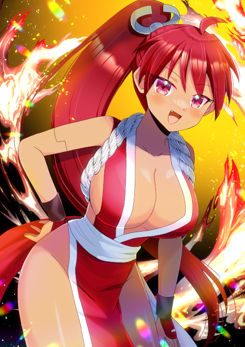 1girl :d ahoge android bloodberry blush breasts cleavage collarbone commentary_request commission fang fire groin hair_between_eyes kou_hiyoyo large_breasts leaning_forward long_hair looking_at_viewer pelvic_curtain ponytail red_eyes red_hair saber_marionette_j skeb_commission smile solo very_long_hair