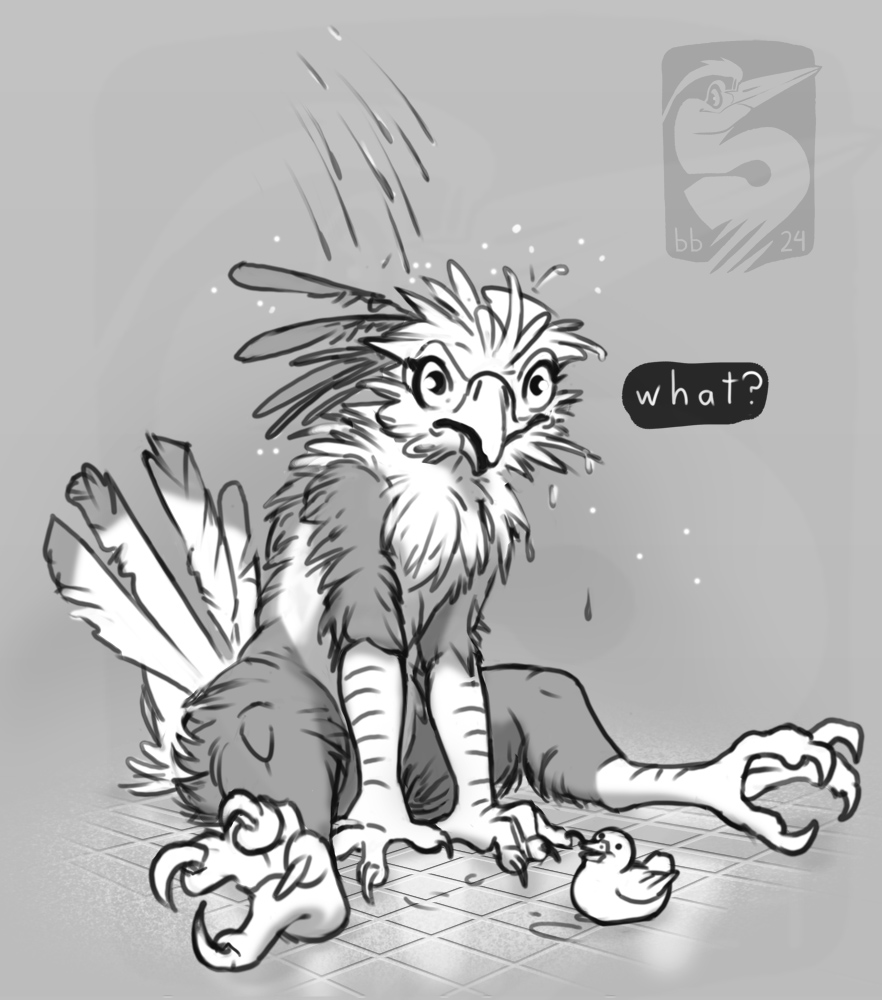 2024 4_toes accipitriform ambiguous_gender anisodactyl anthro avian avian_feet bathing bird bombird clara_(bombird) claws english_text feathers feet floor grey_background greyscale humor long_claws looking_at_viewer monochrome nude rubber_duck ruffled_feathers secretary_bird shower showering simple_background sitting text tile tile_floor toes watermark wet