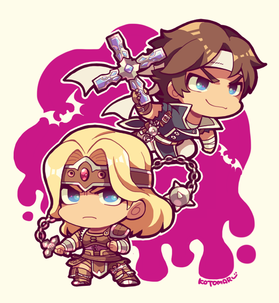 2boys armor ball_and_chain_(weapon) bat_(animal) blonde_hair blue_coat blue_eyes castlevania_(series) chibi chibi_only closed_mouth coat cross frown headband holding holding_weapon kotorai male_focus multiple_boys no_nose richter_belmont signature simon_belmont smile torn_clothes torn_sleeves weapon white_background white_headband