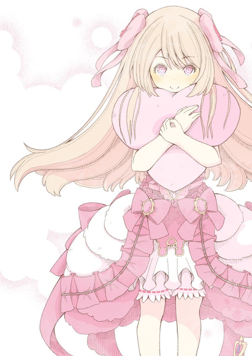 1girl blonde_hair bloomers blush chaos_marie_(grimms_notes) dress flower frills grimms_notes hair_ribbon heart heart-shaped_pillow heart-shaped_pupils highres holding holding_pillow hugging_object long_hair looking_at_viewer pillow pillow_hug pink_eyes ribbon rose smile standing symbol-shaped_pupils yotuma_musi