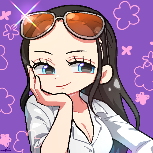 1girl a28841434 black_hair blue_eyes chibi close-up commentary eyelashes eyewear_on_head flower hair_slicked_back hand_on_own_cheek hand_on_own_face long_hair loose_hair_strand lowres nico_robin one_piece purple_background shirt simple_background smile solo white_shirt