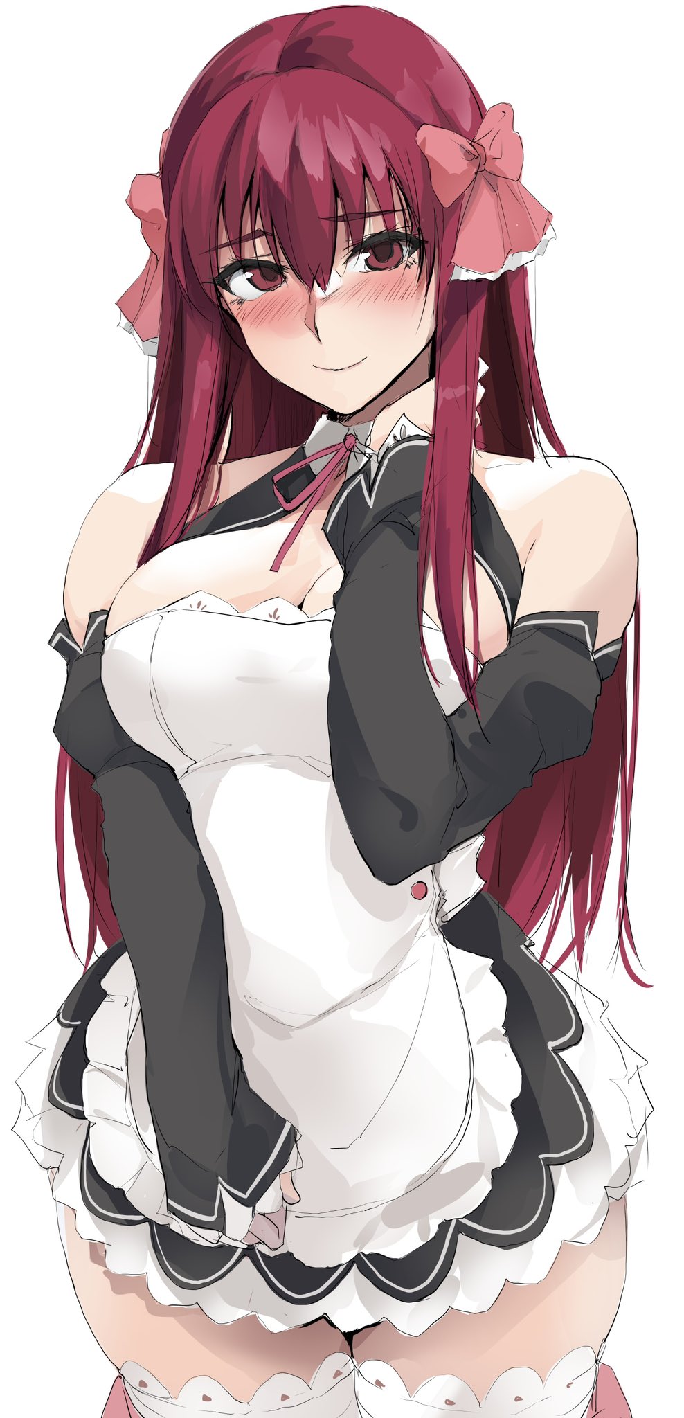 1girl amane_(dream_c_club) apron bare_shoulders black_dress blush bow breasts cleavage detached_sleeves dream_c_club dream_c_club_(series) dress frilled_skirt frilled_sleeves frills hair_between_eyes hair_bow highres large_breasts long_hair maid maid_apron red_eyes red_hair ribbon skindentation skirt solo thighhighs thighs waitress white_thighhighs zekkyon