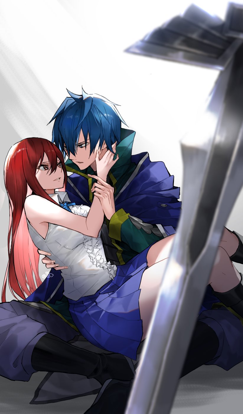 black_footwear blue_cape blue_eyes blue_hair blue_skirt bow bowtie cape collared_jacket couple erza_scarlet eye_contact facing_another fairy_tail frilled_shirt frills hair_between_eyes hand_on_another's_face hetero high_collar highres jacket jellal_fernandes long_hair long_sleeves looking_at_another parted_lips red_eyes red_hair shirt short_hair sidelocks sitting sitting_on_lap sitting_on_person skirt sleeveless spiked_hair sword weapon white_shirt yae_chitokiya