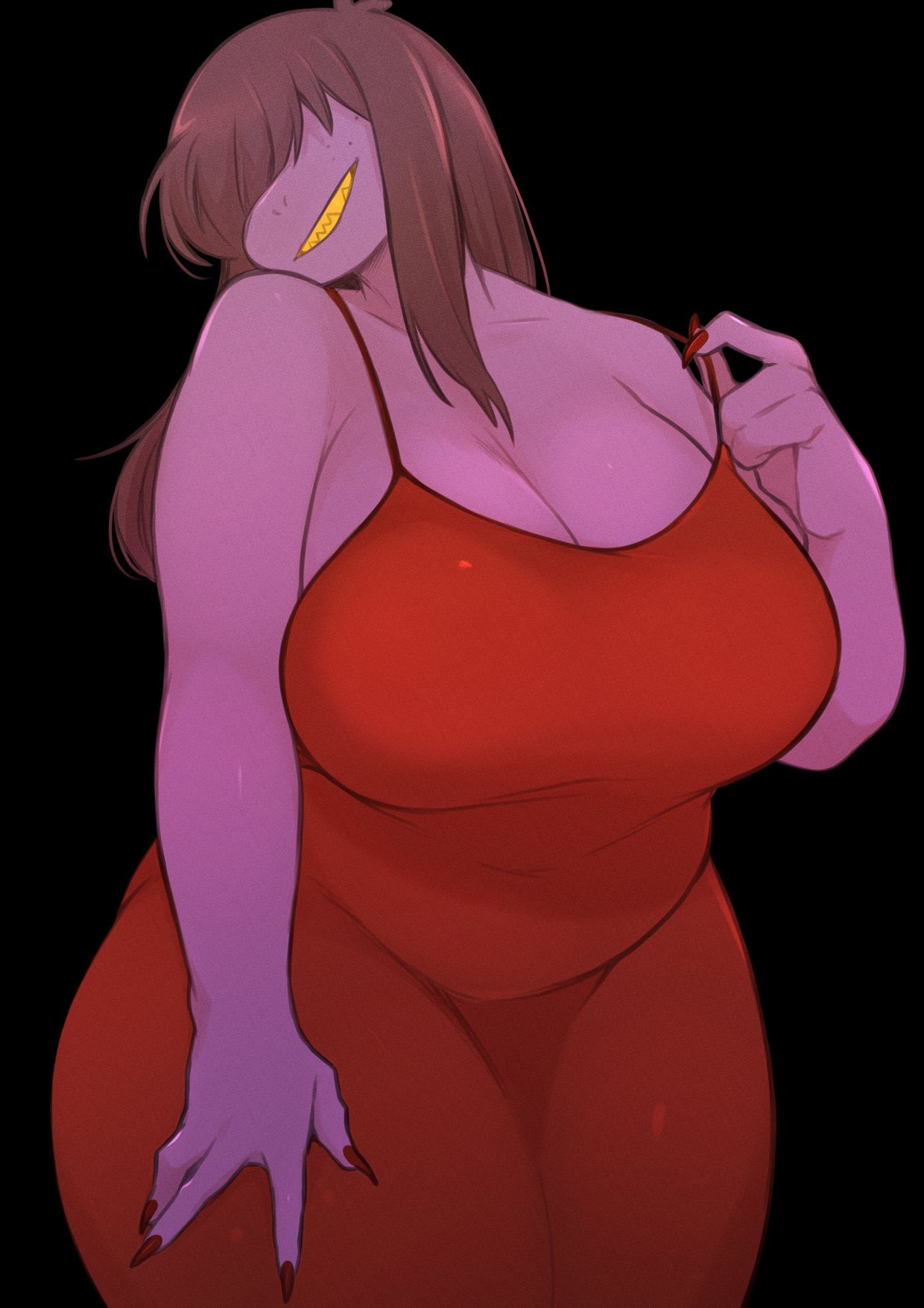 anthro big_breasts black_background breasts brown_hair cleavage clothed clothing deltarune dress female freckles fully_clothed hair hair_over_eyes hi_res huge_breasts looking_at_viewer purple_body purple_scales red_clothing red_dress reptile scales scalie simple_background slightly_chubby smile solo susie_(deltarune) teeth underchikichan undertale_(series) voluptuous_anthro voluptuous_female wide_hips yellow_teeth