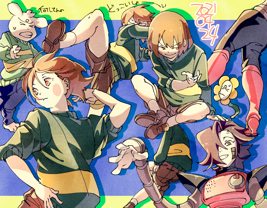 &gt;_&lt; 1other 2boys arm_support asriel_dreemurr black_hair blue_pants blush_stickers boots brown_footwear brown_hair brown_shorts closed_mouth dated drop_shadow flower flowey_(undertale) furry furry_male grin hair_over_one_eye high_heel_boots high_heels kicking kuga_hotaru long_sleeves looking_to_the_side mechanical_arms mettaton mettaton_ex multiple_boys multiple_views pants pink_footwear short_hair shorts sitting smile socks translation_request undertale white_socks