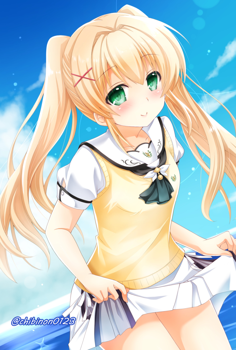 1girl ascot black_ascot blonde_hair blue_sky blush breasts c: chibinon closed_mouth commentary_request cowboy_shot day dutch_angle green_eyes hair_between_eyes hair_intakes hair_ornament long_hair looking_at_viewer outdoors puffy_short_sleeves puffy_sleeves ringed_eyes school_uniform shirt short_sleeves sidelocks skirt skirt_hold sky small_breasts smile solo summer_pockets sweater_vest tsumugi_wenders twintails twitter_username white_shirt white_skirt x_hair_ornament yellow_sweater_vest
