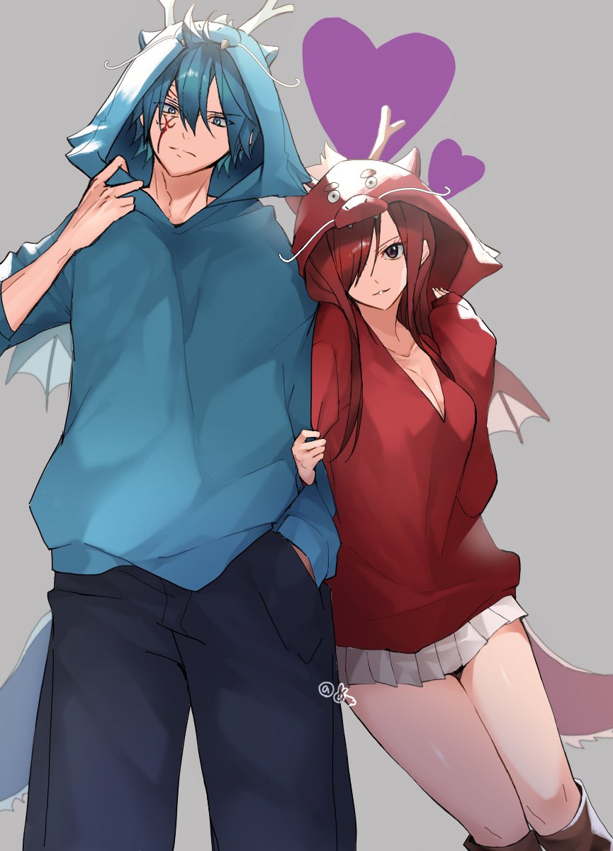 1boy 1girl arm_hug blue_eyes blue_hair blue_hoodie blue_pants breasts chinese_zodiac cleavage couple dragon_hood dragon_horns dragon_tail dragon_wings erza_scarlet facial_mark fairy_tail grey_background hair_between_eyes hair_over_one_eye hetero highres hood hoodie horns jellal_fernandes leaning_on_person long_hair looking_at_viewer pants red_eyes red_hair red_hoodie short_hair skirt spiked_hair tail tattoo white_skirt wings yae_chitokiya year_of_the_dragon