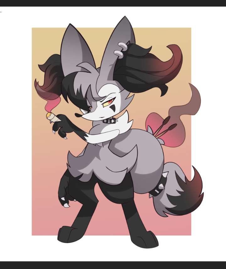 anthro black_body black_fur black_legs black_paws braixen cheek_markings chest_tuft choker collar colored_sclera drugs drumstick_(musical) ear_piercing ear_ring facial_markings fire fur fusion generation_3_pokemon generation_6_pokemon grey_body grey_fur head_markings highlights_(coloring) inner_ear_fluff jewelry letterbox looking_at_viewer male marijuana markings mightyena myxen necklace nintendo piercing pokemon pokemon_(species) pokemon_fusion red_eyes ring_piercing solo tabbzart tail_choker tuft white_body white_fur yellow_sclera