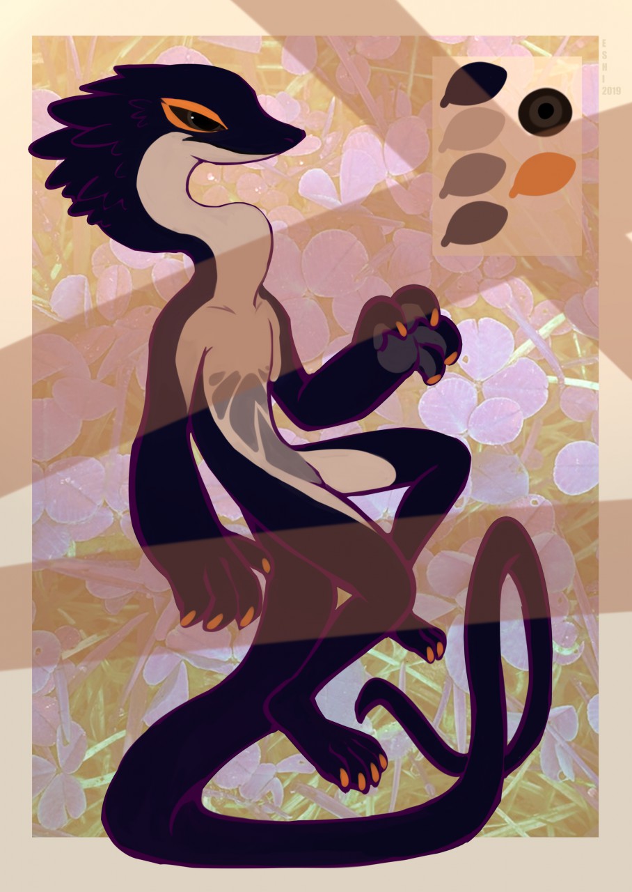 ambiguous_gender anthro black_body brown_eyes color_swatch corzh77 featureless_crotch floral_background glistening glistening_eyes hi_res long_neck mouth_closed narrowed_eyes nude solo species_request tan_body