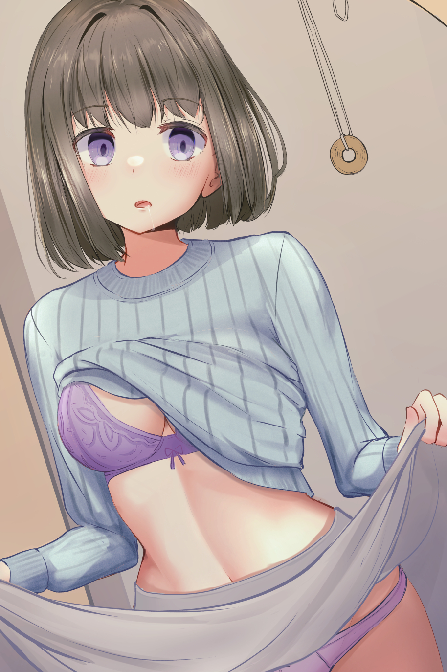 1girl blue_sweater bra breasts brown_hair change_in_common_sense clothes_lift coin coin_on_string drooling empty_eyes grey_skirt highres hypnosis indoors lifted_by_self long_sleeves medium_breasts mind_control navel open_mouth original panties purple_bra purple_eyes purple_panties ribbed_sweater saliva short_hair skirt skirt_lift solo_focus sweater underwear variant0083