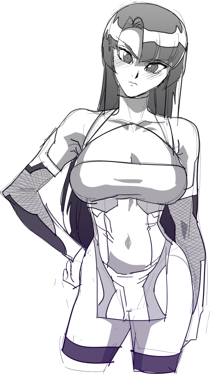 1girl artist_request breasts female gloves hime_cut large_breasts long_hair monochrome no_bra pelvic_curtain short_dress simple_background sketch solo standing taimanin_(series) taimanin_asagi white_background yatsu_murasaki