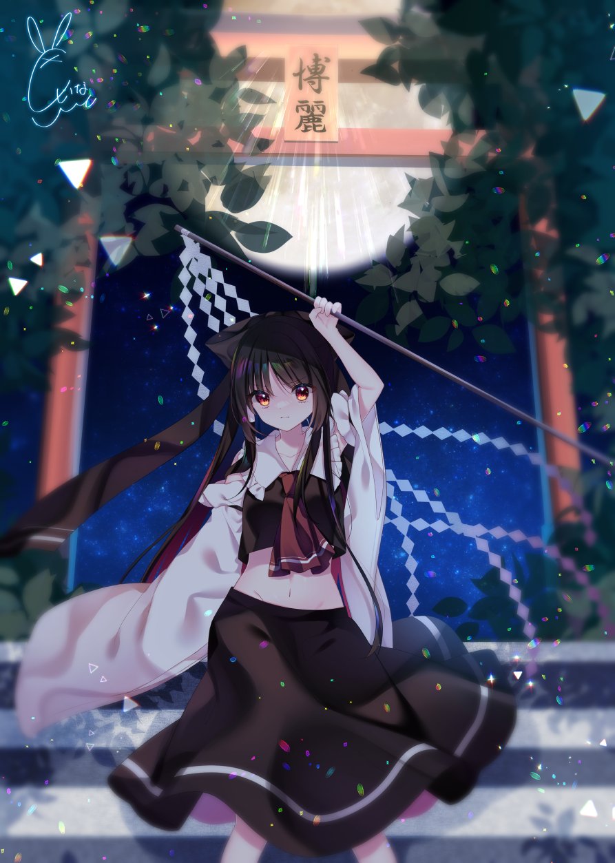 1girl alternate_color arm_up ascot black_bow black_hair black_skirt bow cacao_(cacaomgmg) closed_mouth commentary detached_sleeves expressionless full_moon gohei gradient_eyes hair_bow hakurei_reimu highres holding holding_gohei long_hair looking_at_viewer midriff moon multicolored_eyes night night_sky red_ascot red_eyes signature skirt skirt_set sky solo stairs star_(sky) torii touhou tree