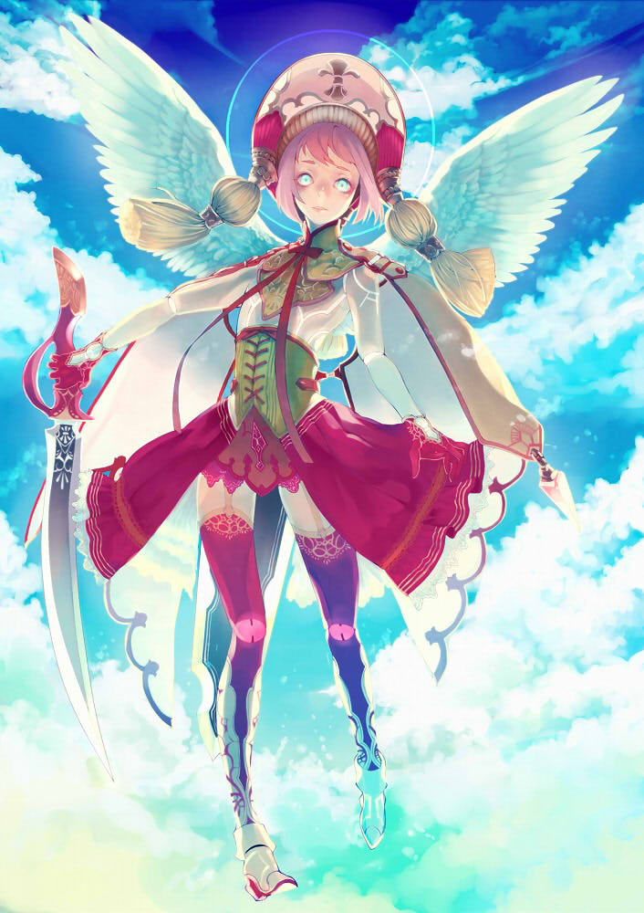 1girl android angel angel_wings blue_eyes blue_sky boots cape cloud fasna fleur-de-lis flying garter_straps gloves gradient_sky green_sky halo hat_tassel holding holding_sword holding_weapon looking_at_viewer original pink_hair pink_headwear red_gloves red_skirt red_thighhighs short_hair skirt sky solo staring sword tassel thighhighs weapon white_cape wings yellow_corset
