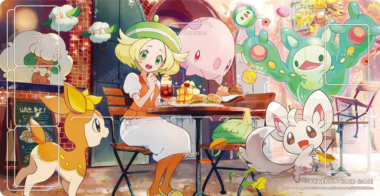 1girl :d bianca_(pokemon) blonde_hair chair commentary_request cottonee day deerling dessert dress eyelashes food green_eyes green_headwear hand_up hat looking_down minccino munna nao_(naaa_195) open_mouth orange_pantyhose orange_vest outdoors pantyhose pokemon pokemon_(creature) pokemon_bw reuniclus shoes sitting smile solosis table vest whimsicott white_dress yellow_footwear