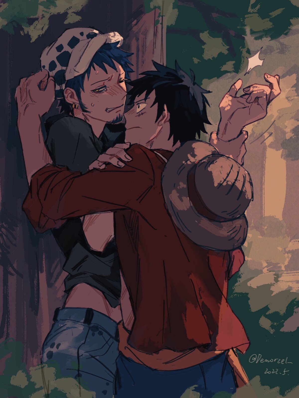 2022 2boys against_tree black_hair black_shirt blush closed_mouth commentary_request dated demorzel denim earrings fur_hat hat highres holding_another's_wrist jeans jewelry looking_at_another male_focus monkey_d._luffy multiple_boys one_eye_closed one_piece outdoors pants red_shirt scar scar_on_cheek scar_on_face shirt short_hair short_sleeves straw_hat sweatdrop teeth trafalgar_law tree twitter_username unworn_hat unworn_headwear yaoi yellow_eyes