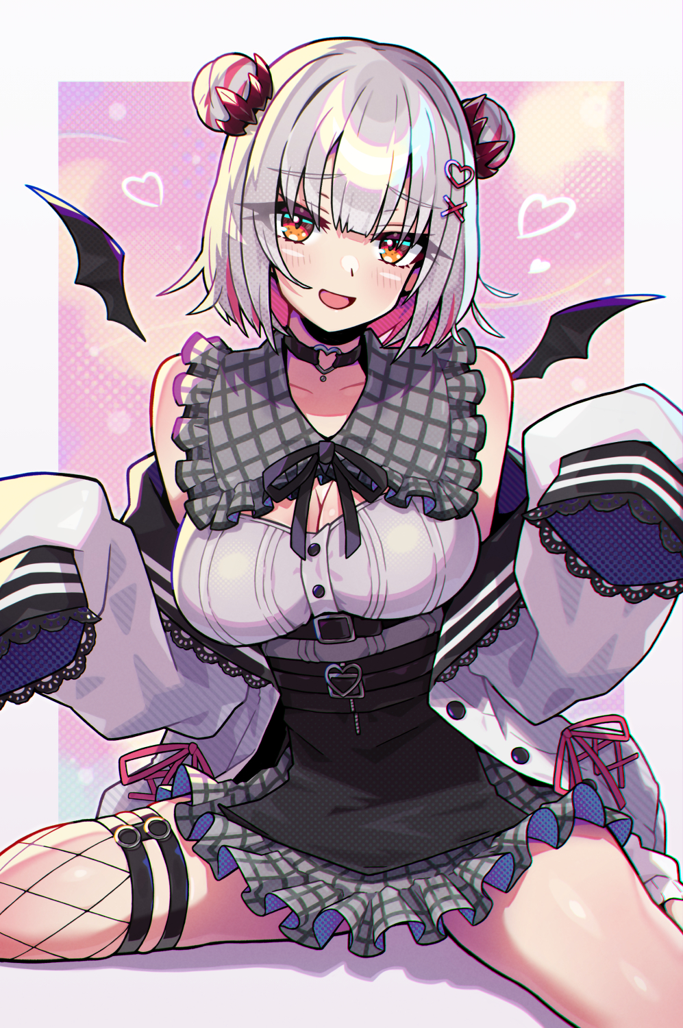 1girl bare_shoulders belt black_belt black_choker black_skirt blush border breasts choker cleavage commentary demon_girl demon_wings double_bun dress_shirt feet_out_of_frame fishnet_thighhighs fishnets frilled_skirt frills hair_bun heart_o-ring high-waist_skirt highres indie_virtual_youtuber jacket large_breasts long_hair looking_at_viewer medium_hair miniskirt muco_lita multicolored_hair o-ring o-ring_choker off_shoulder open_clothes open_jacket open_mouth orange_eyes outside_border pink_background pink_hair shirt single_thighhigh sitting skirt sleeves_past_fingers sleeves_past_wrists smile solo suou_patra thighhighs underbust virtual_youtuber white_border white_jacket white_shirt wings