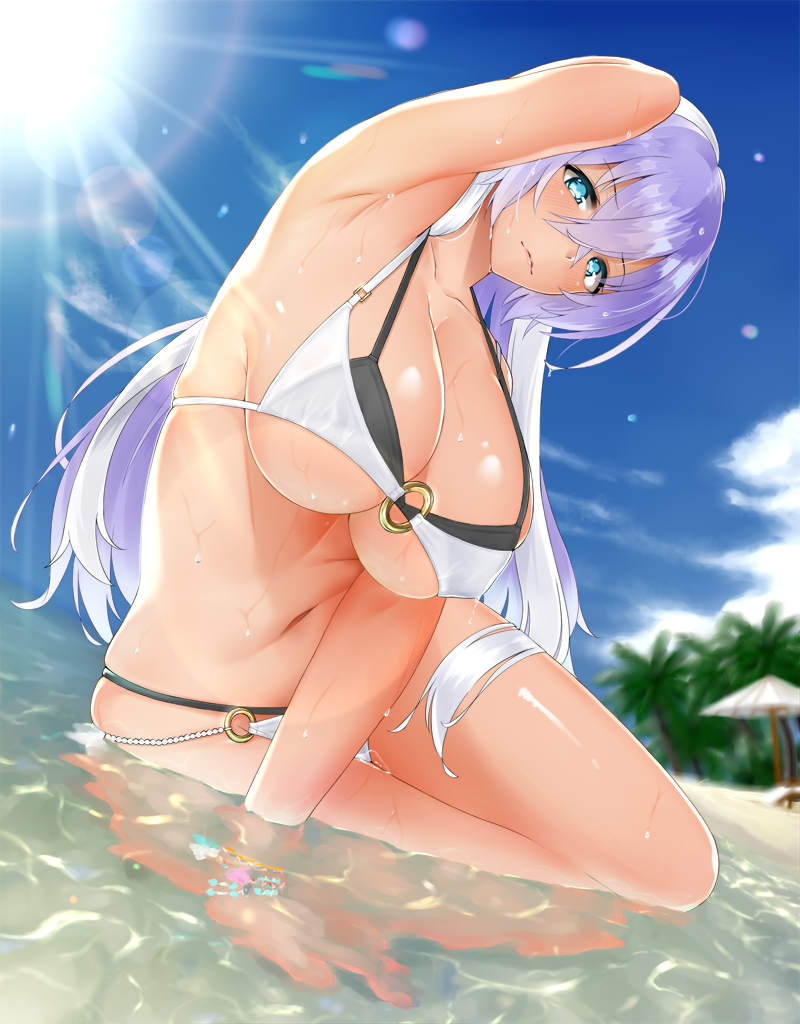 arm_up armpits beach bikini blue_eyes blush breasts cleavage closed_mouth collarbone commentary_request day hair_between_eyes isabelle_(shadowverse) kitagawa_onitarou large_breasts layered_bikini long_hair looking_at_viewer multicolored_hair navel o-ring o-ring_bikini partially_submerged purple_hair shadowverse shiny shiny_skin sitting smile solo stomach sunlight swimsuit two-tone_hair white_hair yokozuwari