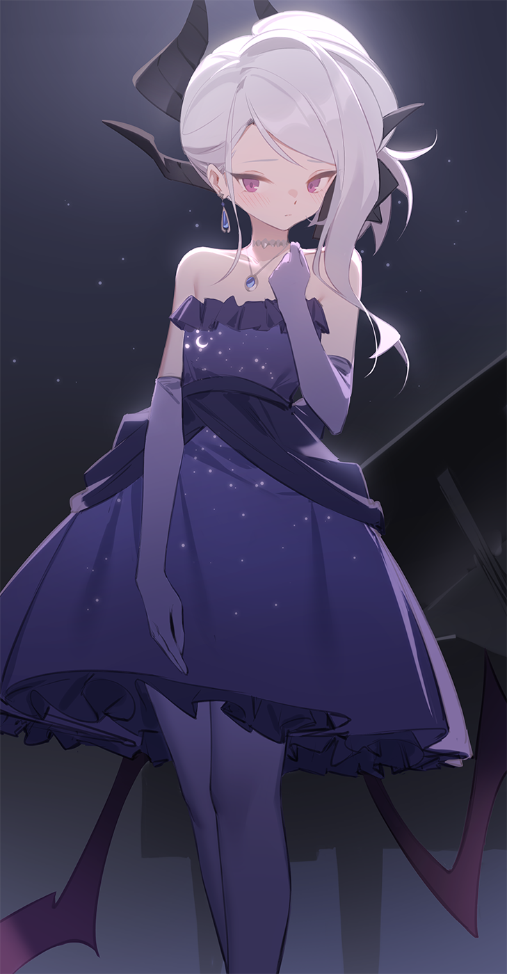 1girl asymmetrical_sidelocks bare_shoulders blue_archive blush collarbone crescent_print demon_horns demon_wings dress elbow_gloves feet_out_of_frame gloves grand_piano grey_hair highres hina_(blue_archive) hina_(dress)_(blue_archive) horns instrument jewelry kildir looking_at_viewer necklace no_halo official_alternate_costume pantyhose piano purple_dress purple_eyes purple_gloves purple_pantyhose solo strapless strapless_dress wings
