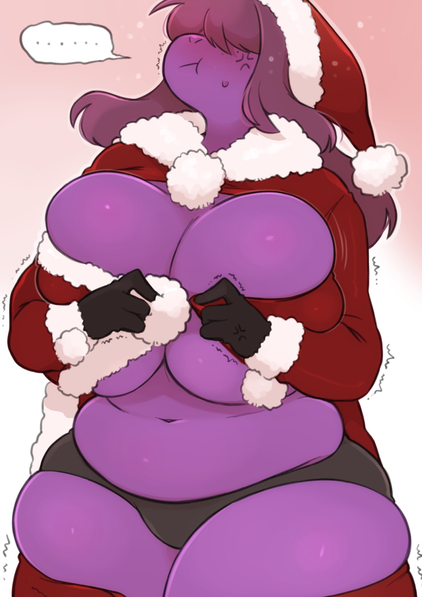anthro belly blush bodily_fluids christmas christmas_clothing christmas_headwear clothing clothing_too_small deltarune dressing female freckles hair hair_over_eyes hat headgear headwear hi_res holidays navel overweight overweight_anthro overweight_female pouting reptile santa_hat scalie solo susie_(deltarune) sweat sweatdrop thick_thighs underchikichan undertale_(series) wide_hips