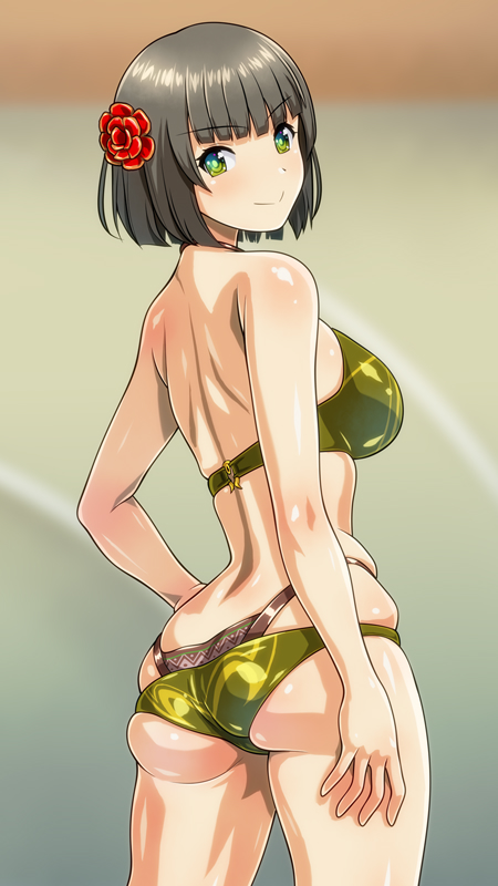 anime_coloring ass atelier_(series) atelier_firis back bare_arms bikini breasts closed_mouth cowboy_shot drossel_weissberg flower green_eyes grey_hair hair_flower hair_ornament hand_on_own_hip large_breasts looking_at_viewer monteriakitto nape red_flower short_hair sideboob smile swimsuit thighs yellow_bikini