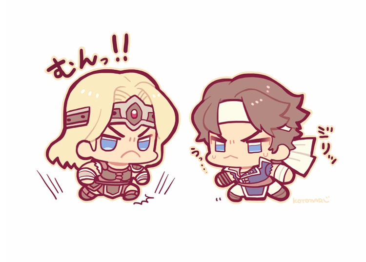 2boys :&lt; armor blonde_hair blue_coat blue_eyes brown_outline castlevania_(series) chibi chibi_only closed_mouth coat frown full_body hairband kotorai long_hair male_focus multiple_boys no_nose richter_belmont running short_hair signature simon_belmont sweatdrop translation_request white_hairband