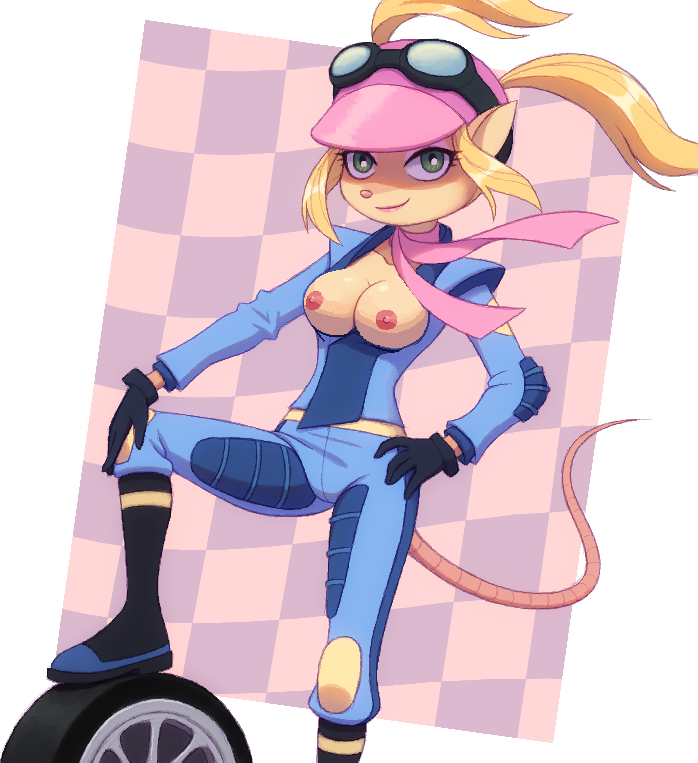 2019 5_fingers activision american_opossum anthro blonde_hair breasts clothed clothing crash_bandicoot_(series) crash_team_racing_(series) crash_team_racing_nitro-fueled digital_media_(artwork) eyewear female fingers fur gloves goggles green_eyes hair handwear hat headgear headwear kempferzero looking_at_viewer mammal marsupial nipples pasadena_o'possum smile solo third-party_edit virginia_opossum