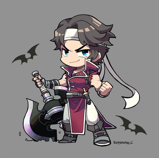 1boy alternate_color axe bat_(animal) blue_eyes boots castlevania_(series) clenched_hand coat dagger full_body grey_background grey_footwear grey_hair hairband holding holding_axe knife kotorai male_focus no_nose pants red_coat richter_belmont sheath sheathed smile torn_clothes torn_sleeves weapon white_hairband white_pants