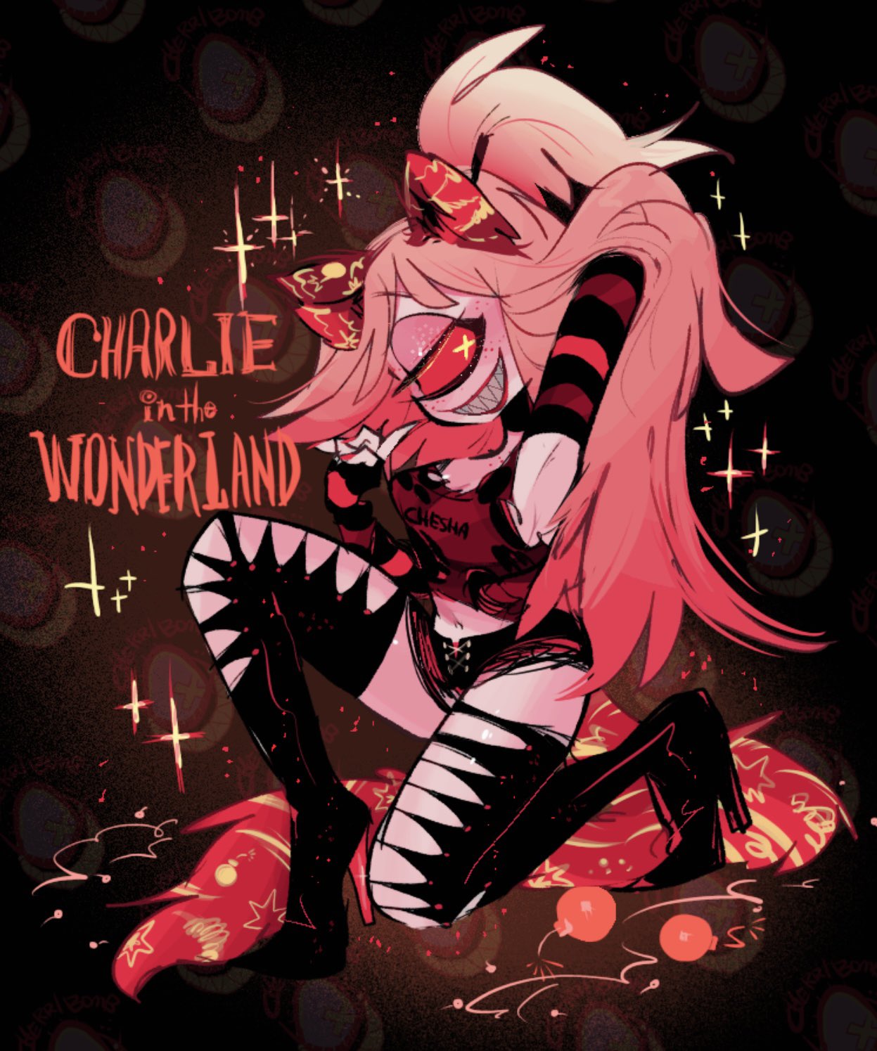 1girl alice_in_wonderland alternate_costume animal_ears arm_behind_head arm_warmers bare_shoulders black_footwear black_shorts bomb boots cat_ears cat_tail character_name cherri_bomb cheshire_cat_(alice_in_wonderland) cheshire_cat_(alice_in_wonderland)_(cosplay) cosplay cyclops english_text explosive eyeshadow freckles full_body gradient_hair grin half_updo hanamaru_(immie_s2) hazbin_hotel high_heel_boots high_heels highres long_hair long_tail looking_at_viewer makeup midriff monster_girl multicolored_hair navel on_one_knee one-eyed pink_eyeshadow pink_hair red_eyes red_tank_top red_theme sharp_teeth short_shorts shorts simple_background smile solid_eye solo sparkle striped_arm_warmers symbol-shaped_pupils tail tank_top teeth thigh_boots very_long_hair x-shaped_pupils yellow_pupils