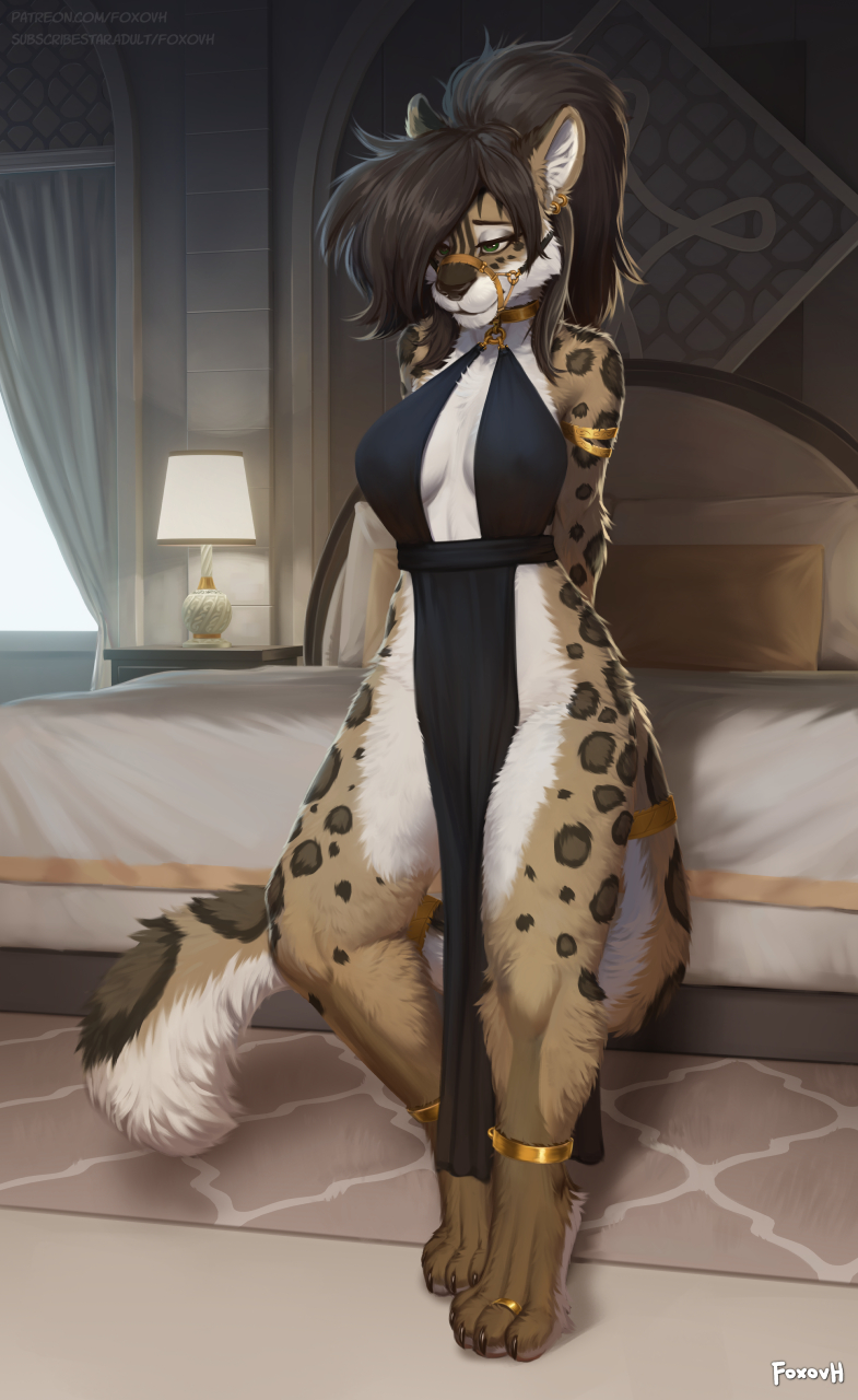 2024 4_toes aluma anthro bed bed_covers bedding bedroom breasts brown_body brown_fur brown_hair cleavage clothed clothing countershade_torso countershading dress feet felid female foxovh fur furniture green_eyes hair hi_res inner_ear_fluff lamp leopard mammal markings muzzle_(object) muzzled no_underwear pantherine pillow solo spots spotted_body spotted_fur standing tail toes tuft