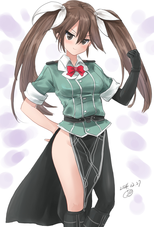 1girl black_gloves black_skirt blush bow bowtie breasts brown_eyes brown_hair dated elbow_gloves gloves gradient_background green_shirt hair_between_eyes hair_ribbon kantai_collection kitagawa_mikio long_hair looking_at_viewer pelvic_curtain purple_background ribbon shirt short_sleeves signature single_elbow_glove single_thighhigh skirt small_breasts smile solo thighhighs tone_(kancolle) tone_kai_ni_(kancolle) twintails white_ribbon