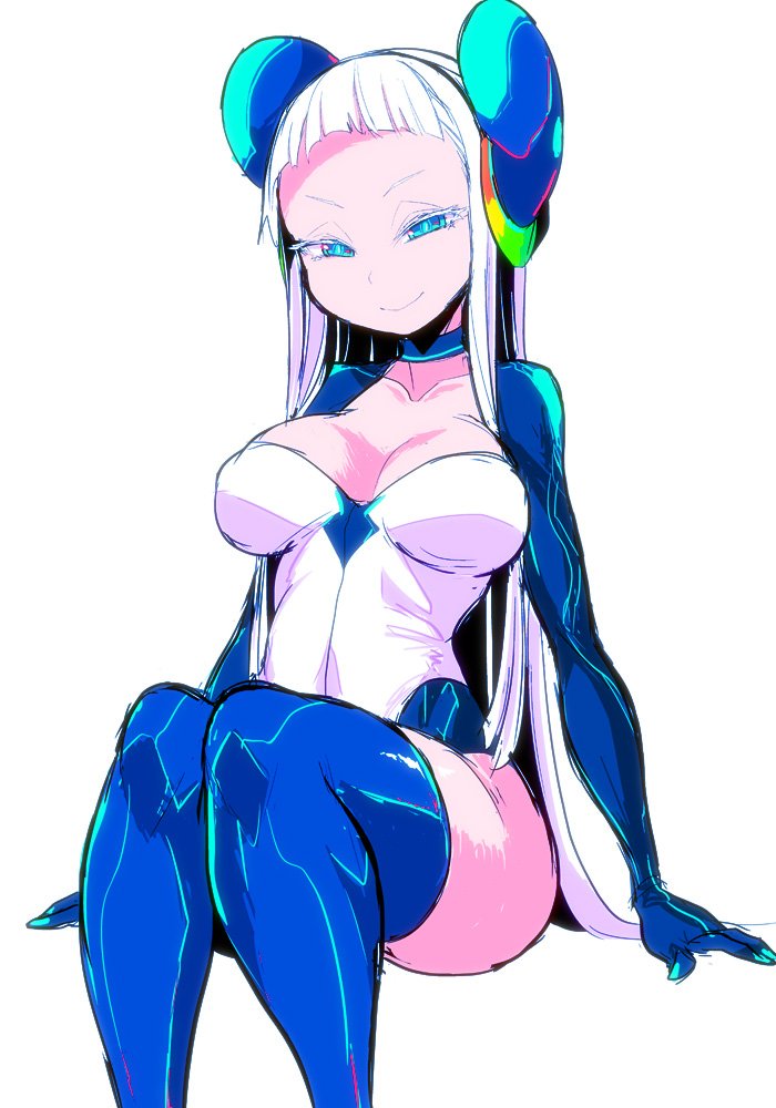 bangs blue_eyes blunt_bangs breasts collarbone commentary_request electro_emilia headgear ken_(koala) leotard long_hair looking_at_viewer medium_breasts original simple_background sitting skin_tight smile solo straight_hair thighhighs white_background white_hair