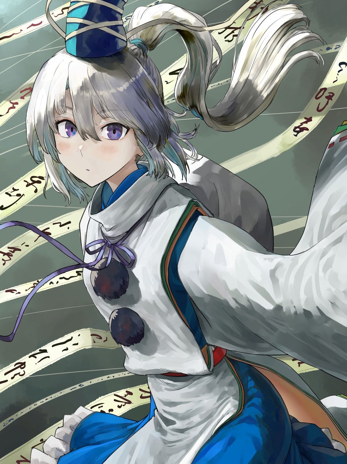 1girl blue_headwear blue_skirt blush closed_mouth commentary grey_eyes grey_hair hair_between_eyes harapan-kun hat hat_ribbon highres japanese_clothes kariginu long_hair long_sleeves looking_at_viewer mononobe_no_futo pom_pom_(clothes) ponytail ribbon skirt solo tate_eboshi touhou white_ribbon