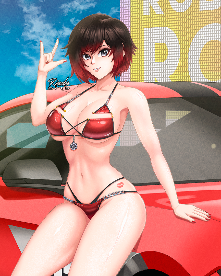 1girl \m/ bikini black_hair blue_sky breasts car cloud cowboy_shot gradient_hair green_eyes imrinzlergtz_art large_breasts motor_vehicle multicolored_hair nail_polish parted_lips race_queen red_bikini red_hair red_nails ruby_rose rwby sky solo swimsuit