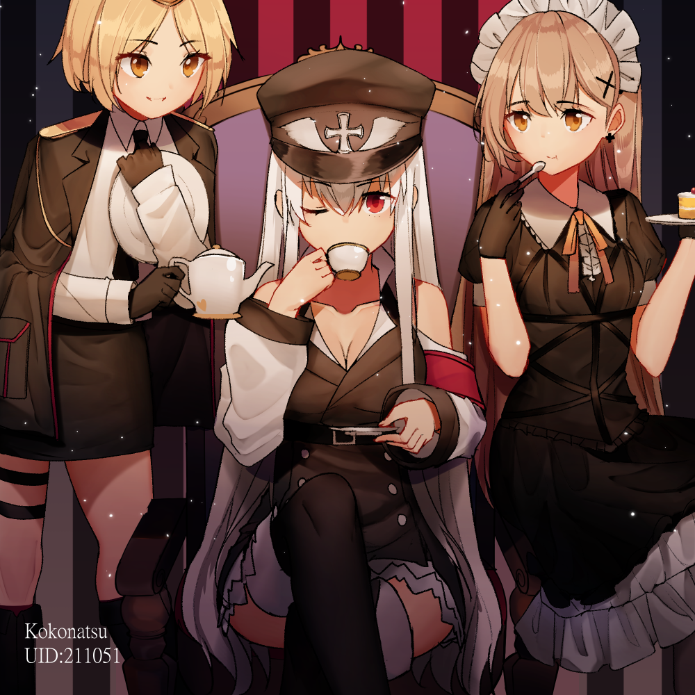 3girls blonde_hair breasts cake cake_slice cleavage crossed_legs cup eating food girls'_frontline gloves hat hentaki holding holding_cup holding_plate holding_saucer holding_spoon holding_teapot kar98k_(girls'_frontline) military_uniform mp40_(girls'_frontline) multiple_girls necktie one_eye_closed peaked_cap plate ppk_(girls'_frontline) saucer spoon teacup teapot uniform