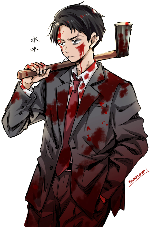 1boy artist_name axe black_eyes black_hair black_jacket black_pants black_suit blood blood_on_axe blood_on_clothes blood_on_face blood_on_hands character_name collared_shirt commentary_request cowboy_shot formal gegege_no_kitarou hand_in_pocket hand_up holding holding_axe jacket kitarou_tanjou:_gegege_no_nazo long_sleeves looking_to_the_side male_focus mizuki_(gegege_no_kitarou) mouth_hold necktie over_shoulder pants red_necktie scar scar_across_eye shirt short_hair signature simple_background solo standing sugano_manami suit white_background white_shirt