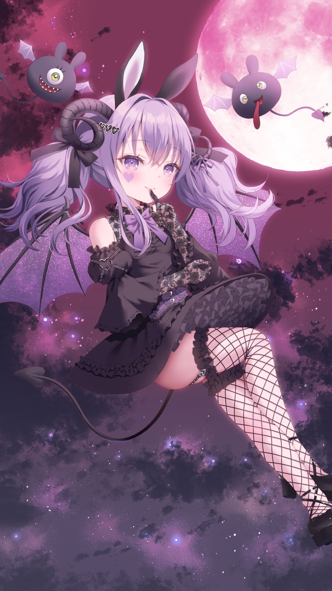 1girl animal_ears bare_shoulders black_bow black_dress black_footwear black_sleeves blush bow breasts chitosezaka_suzu closed_mouth cloud commentary_request demon_girl demon_horns demon_tail demon_wings detached_sleeves dress elbow_gloves facial_mark finger_to_mouth fishnet_thighhighs fishnets frilled_thighhighs frills full_moon gloves hair_bow hair_intakes hair_ornament hand_up heart heart_hair_ornament highres horn_ornament horn_ribbon horns juliet_sleeves long_sleeves moon original outdoors puffy_sleeves purple_bow purple_eyes purple_hair purple_ribbon purple_wings rabbit_ears ribbon see-through shoes skindentation sky sleeveless sleeveless_dress small_breasts smile solo tail thighhighs twintails wide_sleeves wings