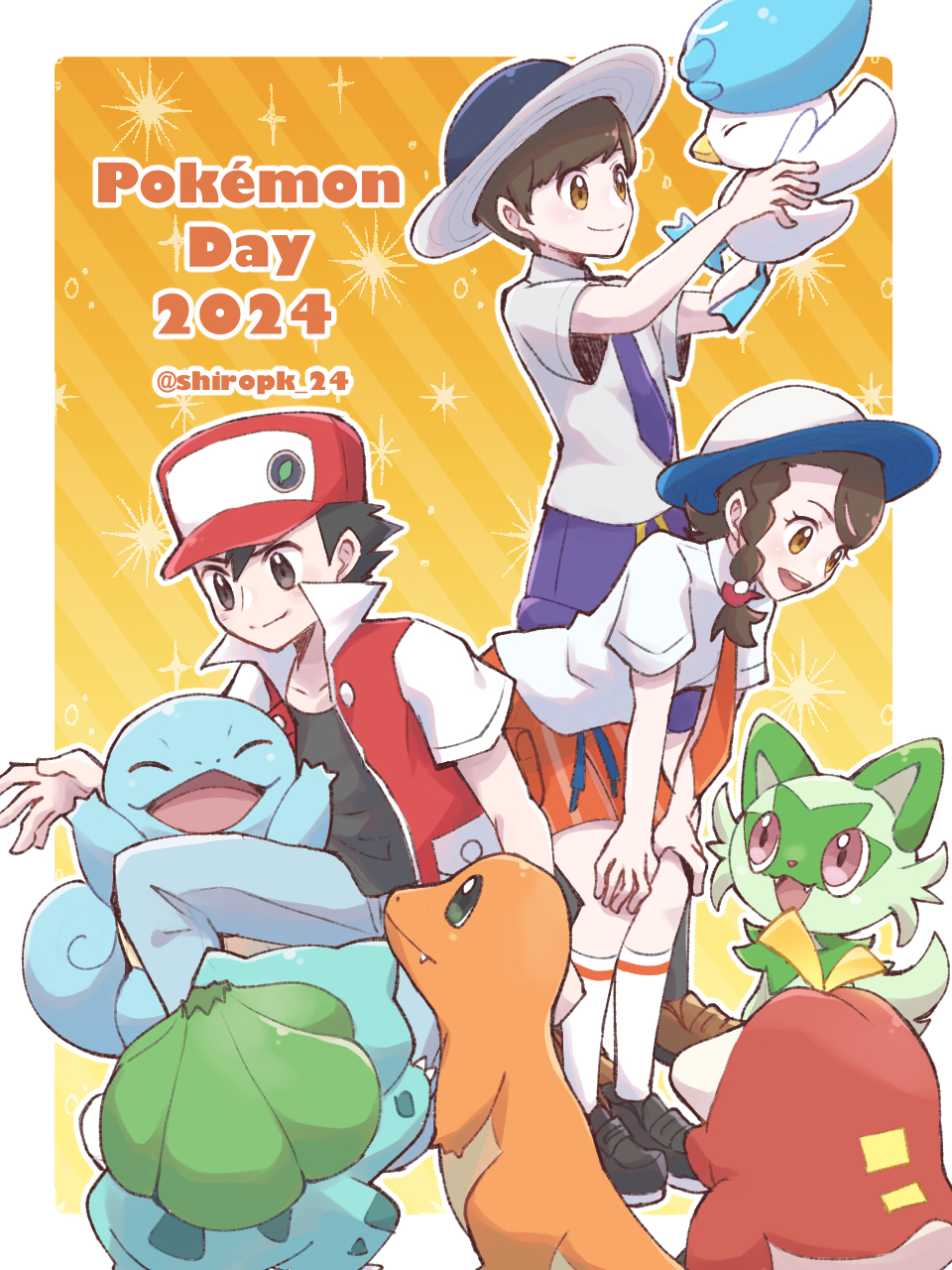 1girl 2boys :d anniversary bent_over black_footwear bulbasaur charmander closed_mouth commentary_request copyright_name florian_(pokemon) fuecoco hat highres holding holding_pokemon jacket juliana_(pokemon) multiple_boys necktie open_clothes open_jacket open_mouth orange_necktie orange_shorts pants pokemon pokemon_(creature) pokemon_rgby pokemon_sv purple_necktie purple_shorts quaxly red_(pokemon) red_headwear shio25 shirt shoes short_hair short_sleeves shorts smile socks sprigatito squirtle starter_pokemon_trio white_headwear white_shirt white_socks