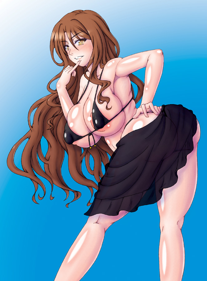 1girl areola_slip ass bare_arms bare_shoulders bikini black_bikini blue_background blush breasts brown_eyes brown_hair cleavage commentary_request covered_nipples feet_out_of_frame finger_to_mouth from_side hair_between_eyes hand_on_own_hip huge_breasts huge_nipples juuroku leaning_forward long_hair looking_at_viewer micro_bikini mugino_shizuri parted_lips sidelocks solo swimsuit teeth thighs toaru_majutsu_no_index twisted_torso very_long_hair wavy_hair