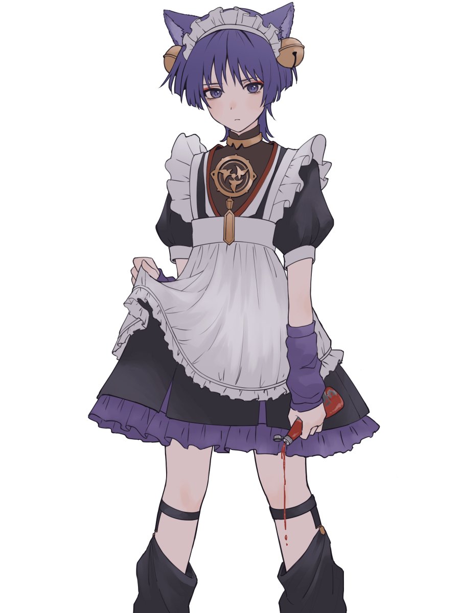 1boy animal_ears apron bell bishounen cat_boy cat_ears cowboy_shot genshin_impact hair_bell hair_ornament highres jewelry ketchup_bottle maid_apron maid_headdress male_focus necklace purple_eyes purple_hair scaramouche_(genshin_impact) short_hair simple_background solo white_background yamabuki_(yamabuki_xxxxx)