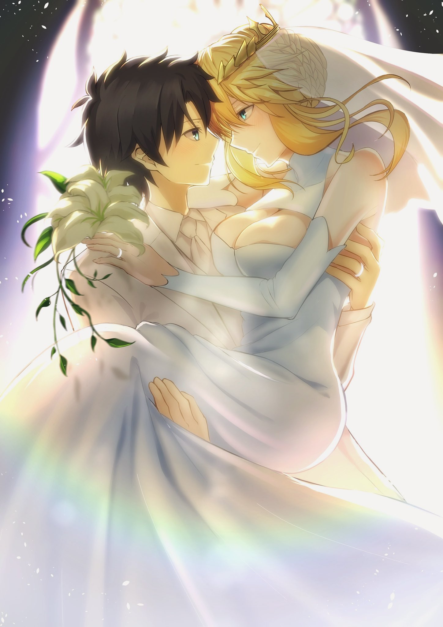 1boy 1girl artoria_pendragon_(fate) artoria_pendragon_(lancer)_(fate) black_hair breasts bridal_veil carrying crown dress fate/grand_order fate_(series) flower fujimaru_ritsuka_(male) highres jewelry large_breasts light princess_carry ring toomishou tuxedo veil wedding wedding_dress wedding_ring white_dress