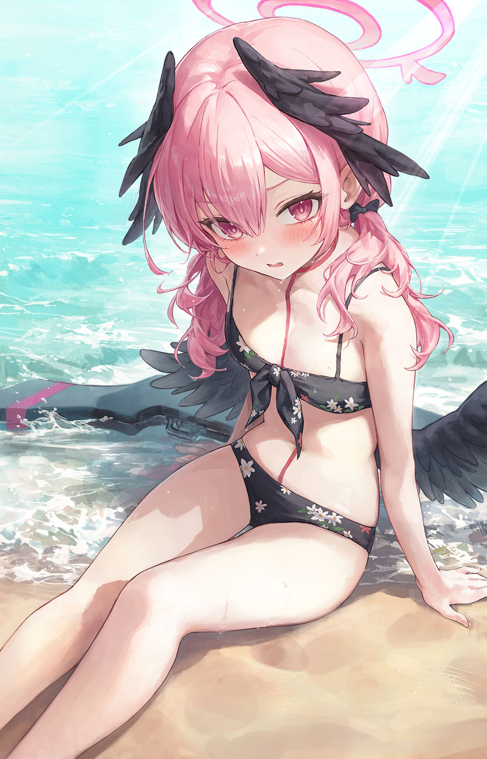 1girl bikini black_bikini black_wings blue_archive blush commentary feathered_wings floral_print_bikini front-tie_bikini_top front-tie_top halo head_wings highres koharu_(blue_archive) koharu_(swimsuit)_(blue_archive) looking_at_viewer low_wings navel ocean official_alternate_costume open_mouth pink_hair pink_halo r_o_ha solo stomach swimsuit symbol-only_commentary twintails winged_halo wings