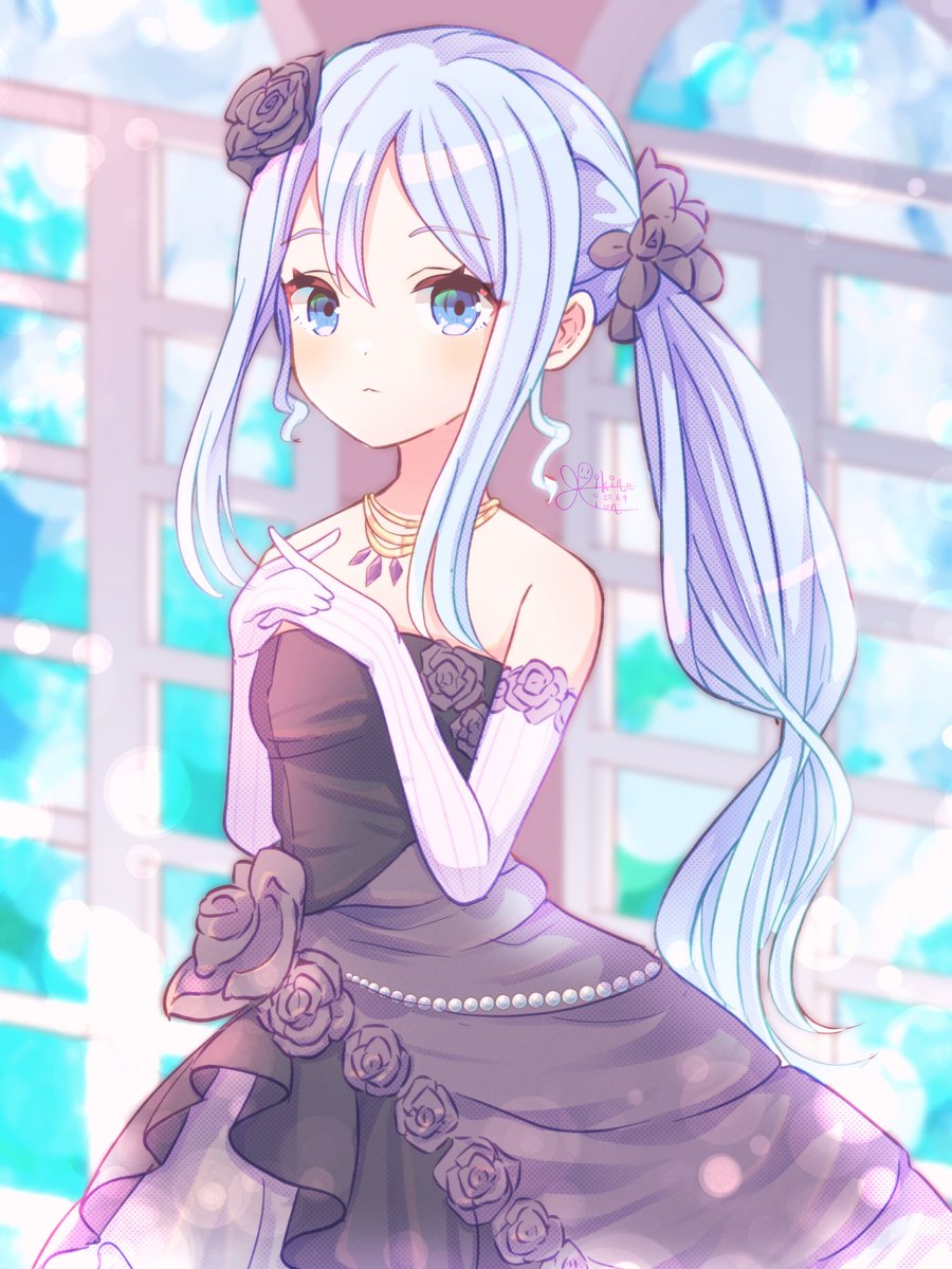 alternate_costume alternate_hairstyle black_dress black_flower black_rose blue_hair blush dress flower gloves gold_necklace highres jewelry light_blue_hair looking_at_viewer necklace own_hands_together ponytail project_sekai rose shikinexion surprised triangle_mouth wedding_dress white_gloves yoisaki_kanade