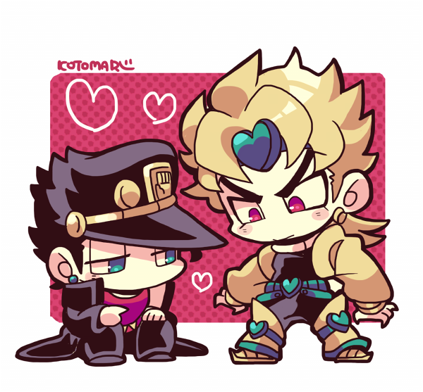 2boys black_coat black_hair black_headwear black_pants blonde_hair blue_eyes blush_stickers border closed_mouth coat dio_brando earrings full_body half-closed_eyes hat heart jacket jewelry jojo_no_kimyou_na_bouken kotorai kujo_jotaro male_focus multiple_boys no_nose pants pink_shirt red_eyes shirt short_hair signature squatting white_border yellow_jacket