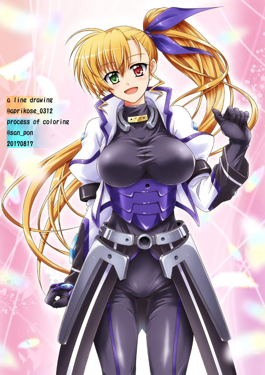 ass_visible_through_thighs black_bodysuit blonde_hair bodysuit breasts commentary_request cowboy_shot cropped_jacket faulds green_eyes hair_ribbon heterochromia highres jacket large_breasts long_hair long_sleeves lyrical_nanoha magical_girl mahou_shoujo_lyrical_nanoha_strikers mahou_shoujo_lyrical_nanoha_vivid older open_clothes open_jacket open_mouth red_eyes ribbon san-pon side_ponytail solo standing taut_clothes vivio waist_cape