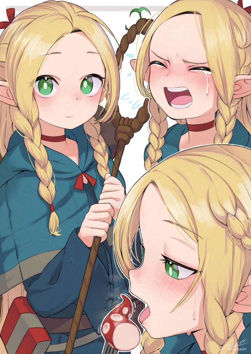 1girl ambrosia_(dungeon_meshi) blonde_hair blush braid choker crying dungeon_meshi elf forehead green_eyes half-closed_eyes holding holding_staff light_smile long_hair looking_at_viewer marcille_donato multiple_views open_mouth pointy_ears red_choker saebashi signature staff sweat tentacles twin_braids twitter_username upper_body white_background