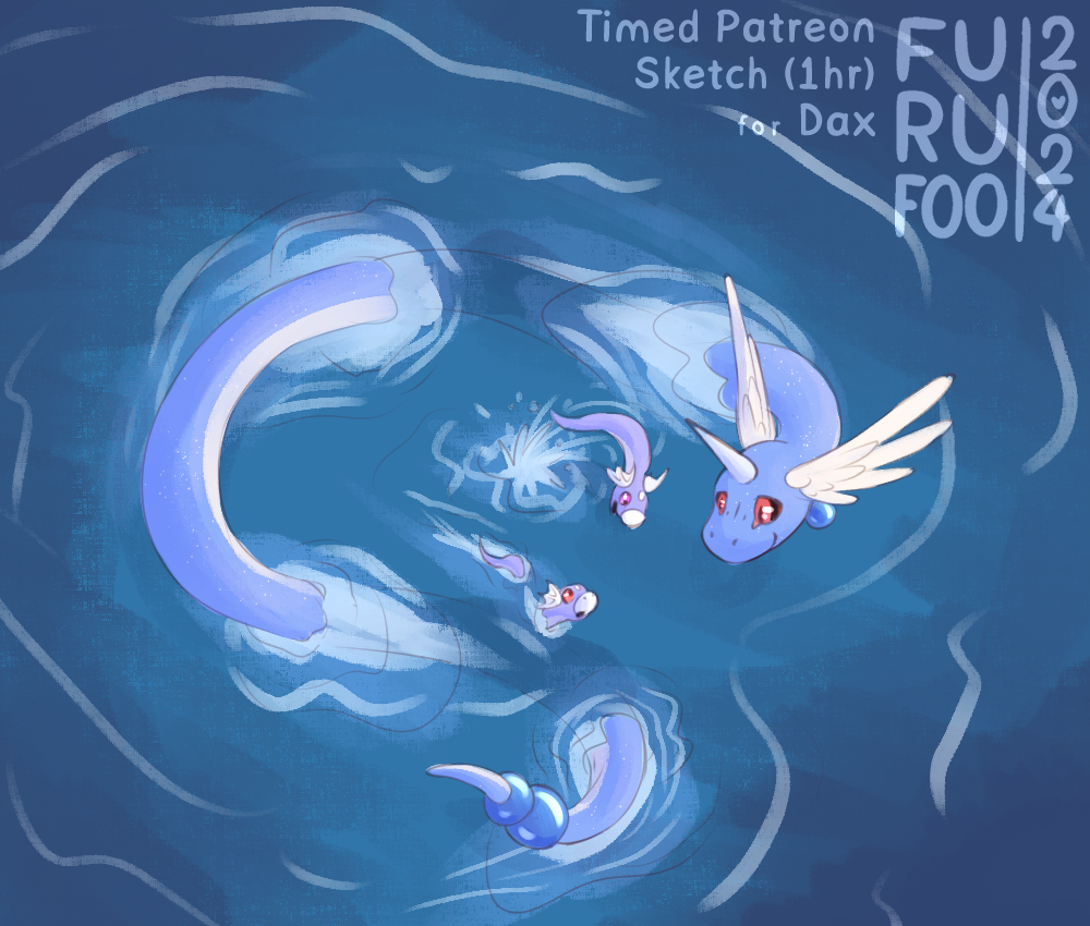 ambiguous_gender dragonair dratini family feral furufoo generation_1_pokemon group mother_(lore) nintendo parent_(lore) partially_submerged pokemon pokemon_(species) red_eyes scalie sea swimming water