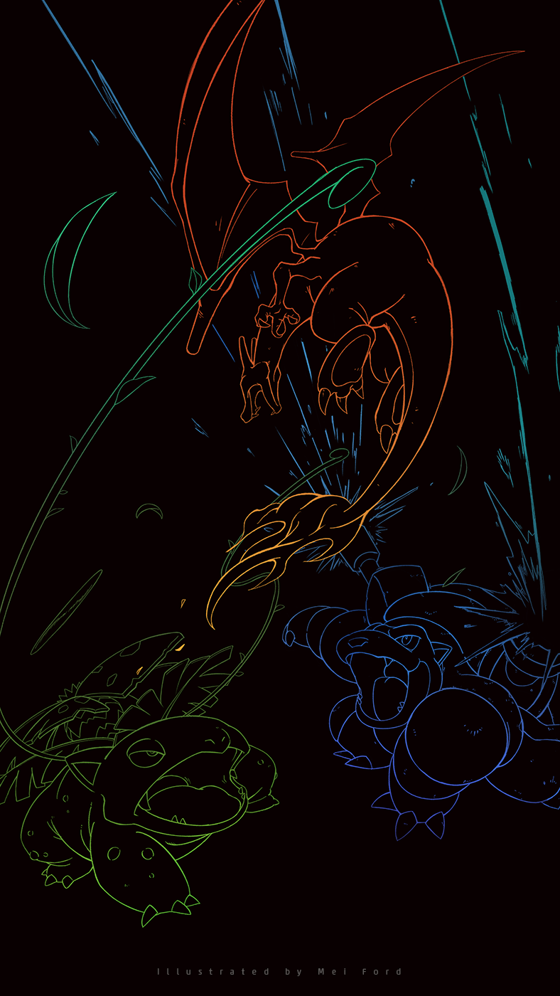 black_background blastoise charizard fiery_tail firing flower highres limited_palette lineart mei_ford open_mouth plant pokemon pokemon_(creature) pokemon_rgby sharp_teeth shoulder_cannon simple_background tail teeth turtle venusaur vines water wings